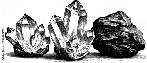 Detailed vintage quartz crystals and basalt rock sketch for design projects