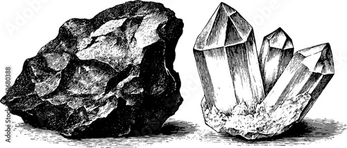Highly detailed quartz crystal and basalt rock sketch for natural history design