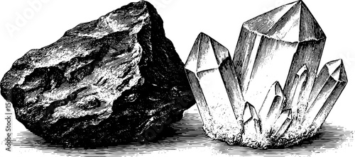 Detailed vintage quartz crystal and basalt rock sketch for design and decoration