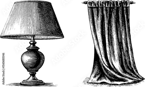 Vintage reading lamp and velvet curtain sketch for retro interior design