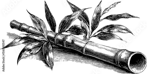 Vintage bamboo reed flute with leaves for music and decor