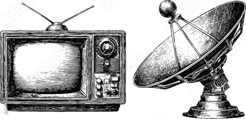 Vintage television and antenna sketch for retro design