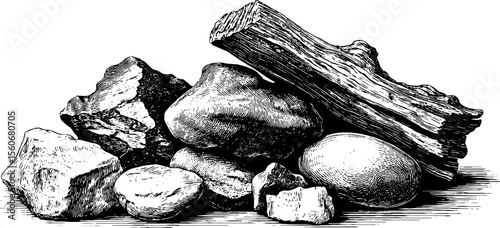 Highly detailed set of river stones and driftwood engraving illustration for retro design