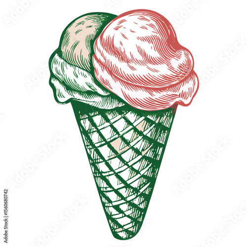 Vintage Ice Cream Cone Illustration with Green and Red Scoops for Food Blogs, Dessert Menus, Summer Events, and Culinary Education  