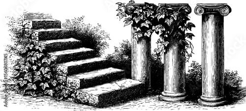 Ancient ruins with pillars and vine-covered steps in vintage style for artistic design
