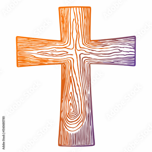 Wooden Cross Illustration with Orange and Purple Gradient for Religious Communities, Faith-Based Blogs, Spiritual Awareness, and Symbolic Art Installations  