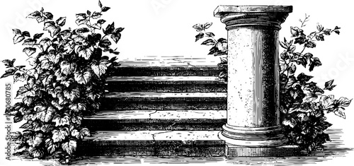 Ancient ruins with vine-covered steps and sacred pillar - classic architectural illustration