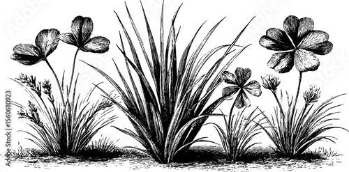 Vintage engraving of sedge grass and clover leaf for retro design and print