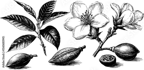 Vintage botanical illustration of seed pods and flowers for retro design