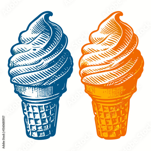 Vintage Style Ice Cream Cones in Blue and Orange for Dessert Blogs, Restaurant Menus, Food Illustrations, and Creative Content Design  