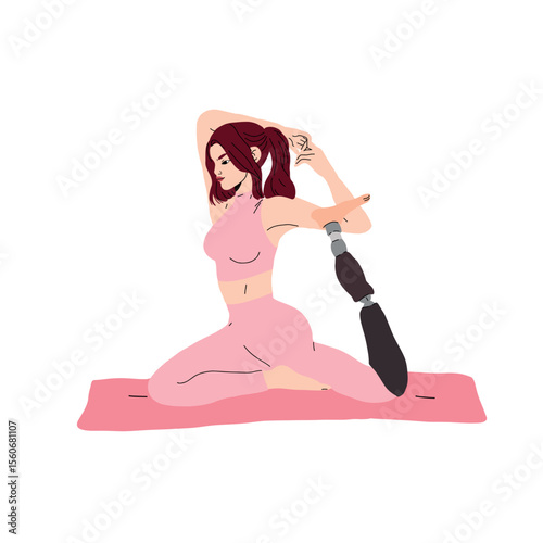 Vector graphic on a white background depicting a young woman with a prosthetic leg practicing yoga. The twisted pose promotes flexibility and relaxation. 