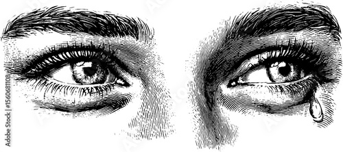 Emotional expressions with smiling doodle faces and tears - retro engraving art
