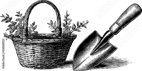 Vintage gardening tools and planting basket sketch for retro design