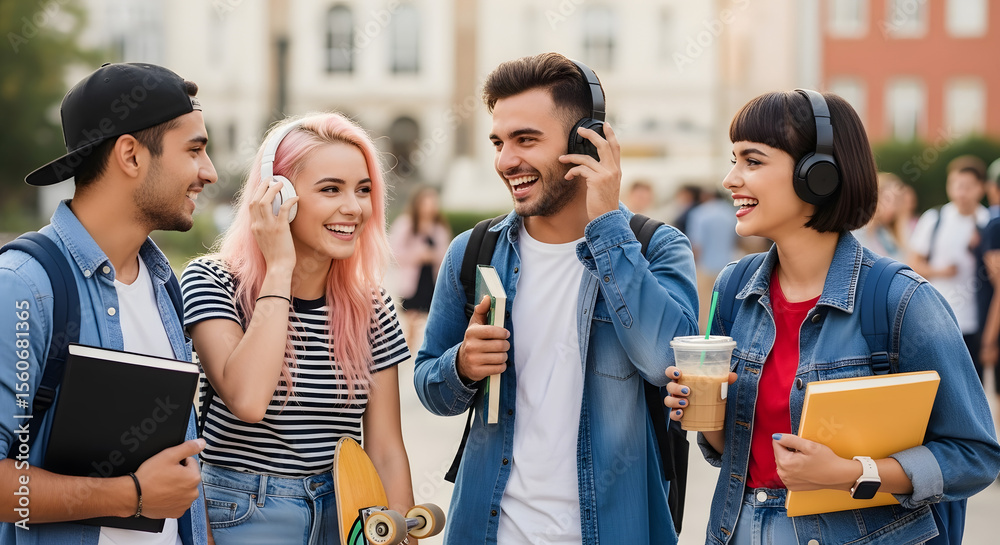 Fototapeta premium Group of Young Friends Wearing Headphones and Smiling Outdoors in Urban Park