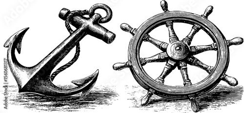 Vintage nautical anchor and navigation wheel sketch for retro design
