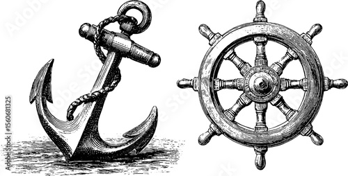 Vintage nautical theme with steamship anchor and navigation wheel for retro design