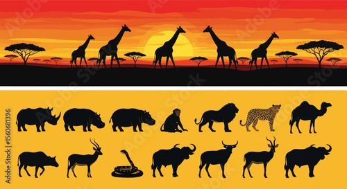 African Wildlife Silhouettes at Sunset Landscape