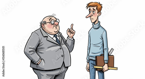 Cartoon Businessman Lecturing a Young Man with Ruler and Briefcase