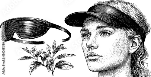 Vintage hand drawn sun visor and headband illustration for fashion design