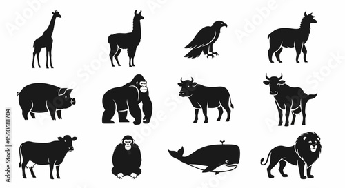 Diverse Animal Silhouettes Collection: Giraffe, Llama, Eagle, Goat, Pig, Gorilla, Cow, Whale, Lion
