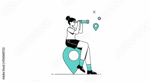 Woman with Telescope Sits on a Map Pin, Searching for New Horizons