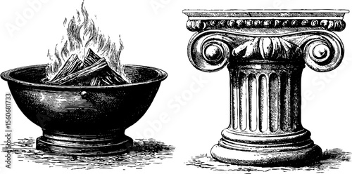 Vintage throne hall elements with column and burning brazier illustration design