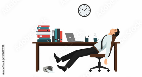Exhausted Businessman Asleep at Desk, Office Overwork, Tired Employee, Dark Suit, Brown Chair