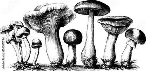 Vintage mushroom collection: toadstool and puffball sketch for botanical design