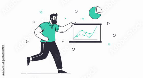 Bearded man in teal polo presenting graph data on a display.
