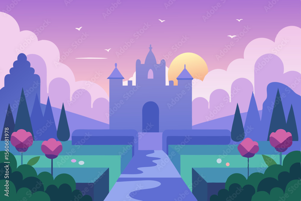 Fototapeta premium Enchanted Castle at Sunset A Fairytale Landscape Illustration