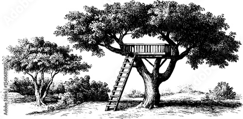 Vintage treehouse platform with hanging ladder in nature setting - hand drawn engraving