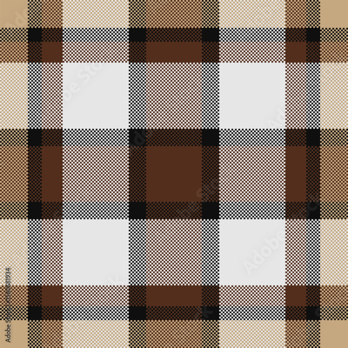 Elegant neutral plaid pattern in brown, beige, and white.  Perfect for textile design, fashion, or website backgrounds.  The subtle texture creates a sophisticated and timeless aesthetic.