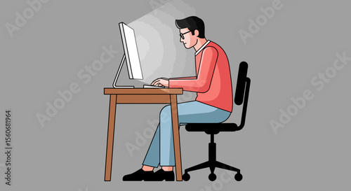 Man Working at Computer, Side View, Red Shirt, Light Gray Background