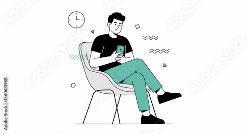 Cartoon Man Relaxing in Chair with Phone, Black Hair, Green Pants