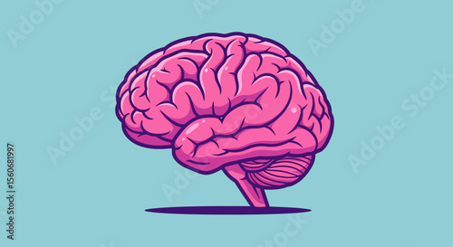 Cartoon Pink Brain Illustration on Light Blue Background, Anatomical Design