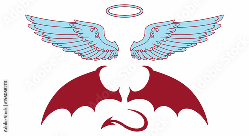 Pair of Light Blue Angel Wings, Dark Red Devil Wings and Tail, with Halo