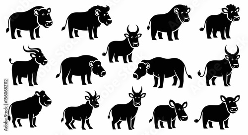 Collection of Twelve Black Silhouettes of Various African Ungulates