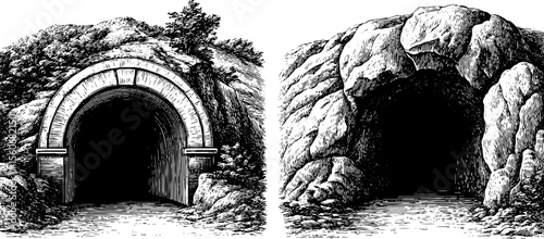 Vintage illustration of underground tunnel entrances and torch bracket design for retro posters