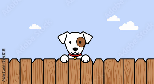 Cute Dog Peeking Over Wooden Fence, White with Brown Spot, Red Collar