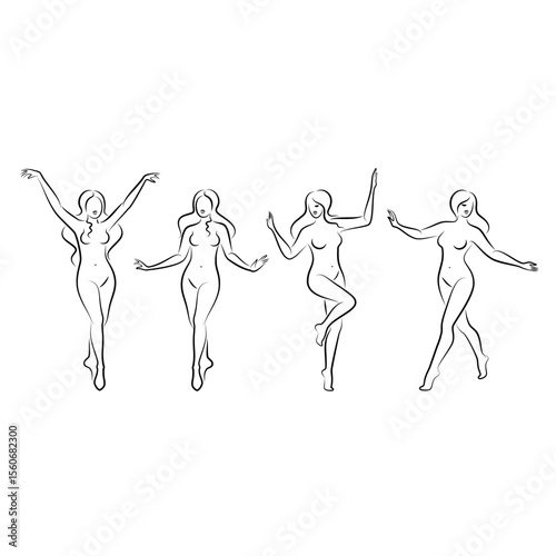 Collection. Silhouette of a cute lady, she is standing. The girl has a beautiful naked figure. The woman is a young sexy and slim model. Vector illustration set
