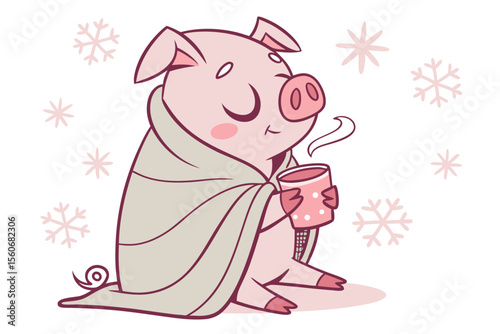 Vector cute Pig cartoon character, wrapped in a cozy blanket, drinking hot cocoa, sleepy and content expression, falling snow hint, isolated on white background