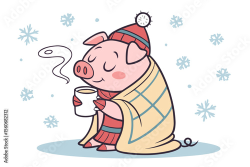 Vector cute Pig cartoon character, wrapped in a cozy blanket, drinking hot cocoa, sleepy and content expression, falling snow hint, isolated on white background