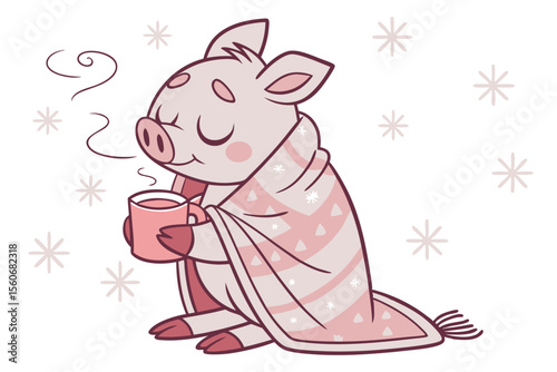 Vector cute Pig cartoon character, wrapped in a cozy blanket, drinking hot cocoa, sleepy and content expression, falling snow hint, isolated on white background