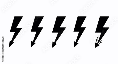Five Black Lightning Bolt Icons:  Variations in Style and Impact