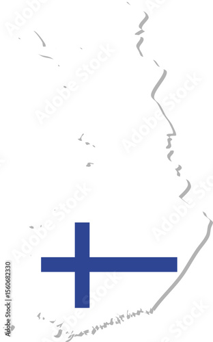 This image shows the outline map of Finland filled with the design of the Finnish flag, featuring a blue Nordic cross on a white background.