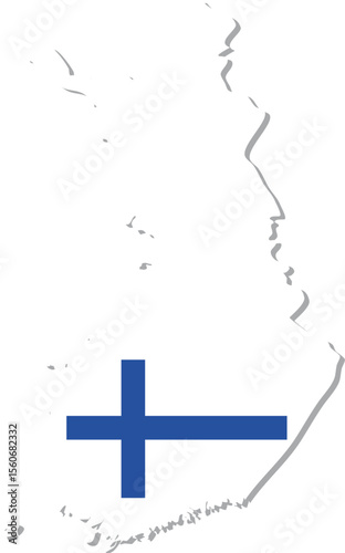 This image shows the outline map of Finland filled with the design of the Finnish flag, featuring a blue Nordic cross on a white background.