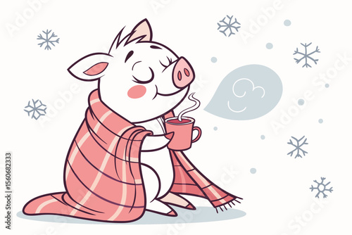 Vector cute Pig cartoon character, wrapped in a cozy blanket, drinking hot cocoa, sleepy and content expression, falling snow hint, isolated on white background
