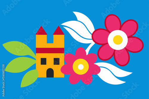 Vibrant Floral Arrangement with Castle : A cheerful illustration featuring a whimsical castle alongside blooming flowers and leaves, all set against a refreshing backdrop.
