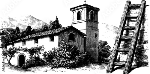 Vintage village bell tower and wooden ladder sketch for retro design