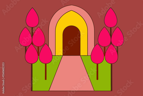 Abstract Doorway: A stylized illustration depicting an inviting doorway flanked by symmetrical, stylized trees, set against a warm backdrop, creating a sense of mystery and allure.
